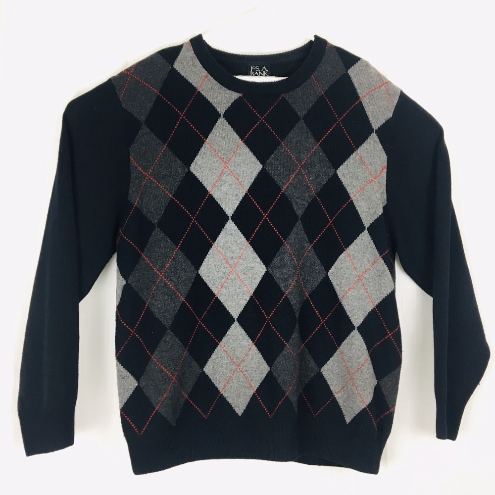 Jos. A. Bank Mens XL Wool Blend Argyle‎ Plaid Sweater V-neck Pullover Black EUC